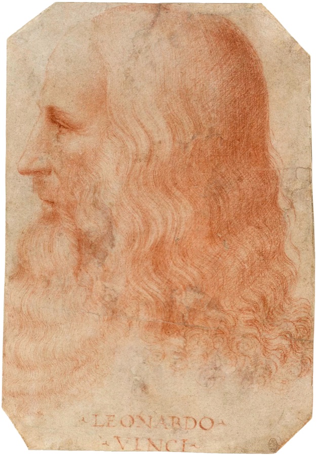 A portrait of Leonardo da Vinci, elderly, with long hair and a full beard